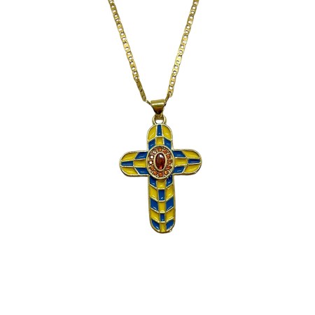 necklace steel chain gold cross metal blue and yellow